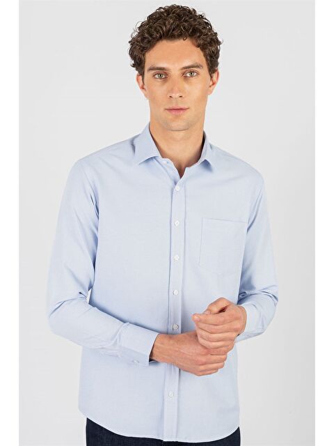 TUDORS Erkek Regular Fit Klasik Kolay Ütülenebilir Kesim Armürlü Kravatlık Yaka Desenli Mavi Gömlek - S000026464-17234