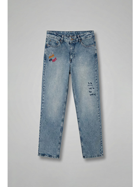 Abluka Online Erkek Slogan İşlemeli Baggy Jean Pantolon Mavi - S000481831-17234