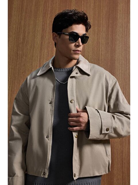 Abluka Online Erkek Relax Fit Kontrast Yaka Ceket Bej - S000491218-19928