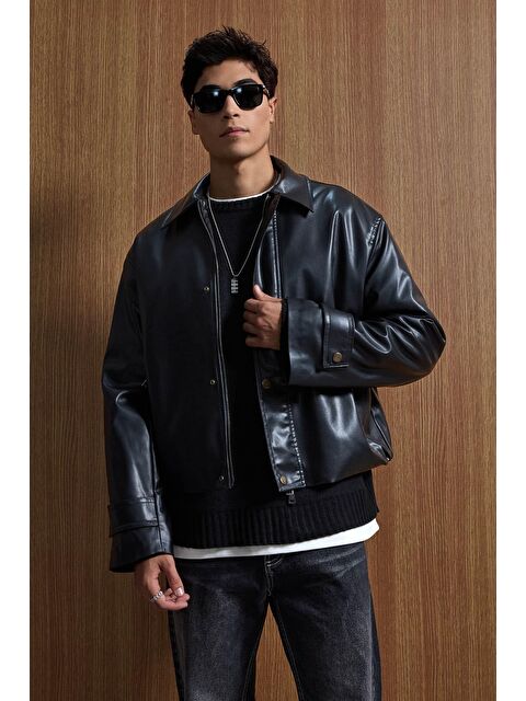 Abluka Online Erkek Boxy Fit Geniş Kesim Premium Deri Ceket Siyah - S000491216-19351