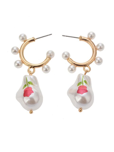 Pelin Aksesuar Çiçek Desenli İncili Halka Küpe - S000048659-23173