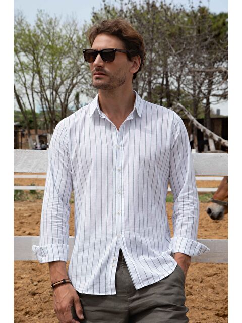 TUDORS Erkek Slim Fit Dar Kesim Uzun Kollu %100 Pamuk Keten Doku Çizgili Gömlek