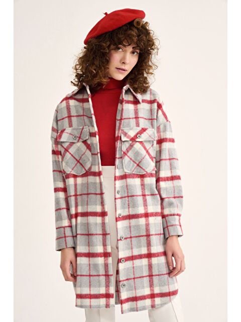 SATEEN Ekose Desenli Uzun Gömlek - Bordo - S000323540-19951