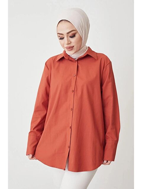 Hazelin Kadın Tesettür Kiremit Geniş Kalıp Uzun Basic Gömlek HZL24W-BD139001 - S000106305-18657