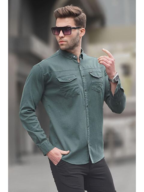 Madmext Haki Rahat Kalıp Gabardin Erkek %100 Pamuk Gömlek 6810 - S000039735-18547