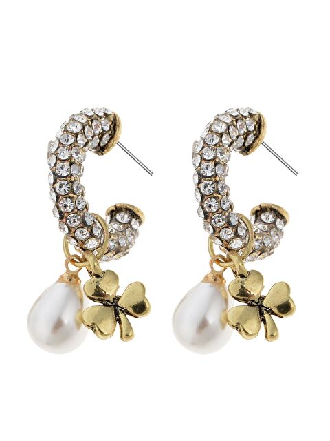 Pelin Aksesuar İnci ve Yonca Figürlü Kristalli Halka Küpe - S000048693-23173