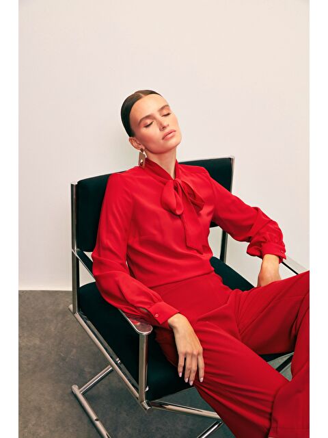 SATEEN Yakası Bağlamalı Düz Gömlek - Kırmızı - S000323492-20045