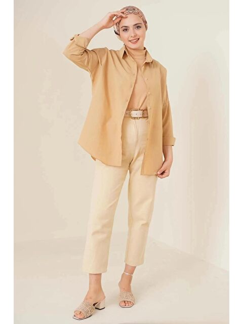 Hazelin Kadın Tesettür Camel Geniş Kalıp Uzun Basic Gömlek HZL24W-BD139001 - S000106305-37261