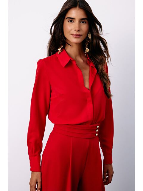 SATEEN Klasik Düz Gömlek - Kırmızı - S000323491-20045