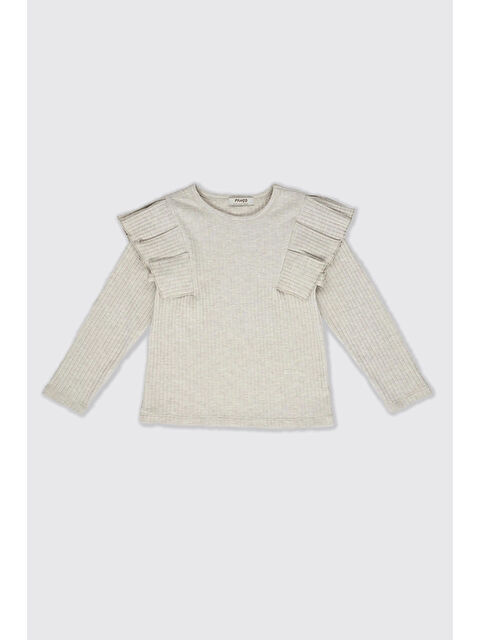 Panço Kız Çocuk Kolları Fırfır Detaylı Bej-Melanj Tişört - S000318438-37208