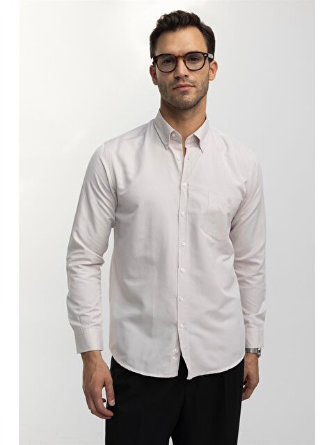 TUDORS Erkek Regular Fit Klasik Kesim Oxford Doku Yaka Düğmeli Cepli Nakışlı Taş Gömlek - S000023922-25636