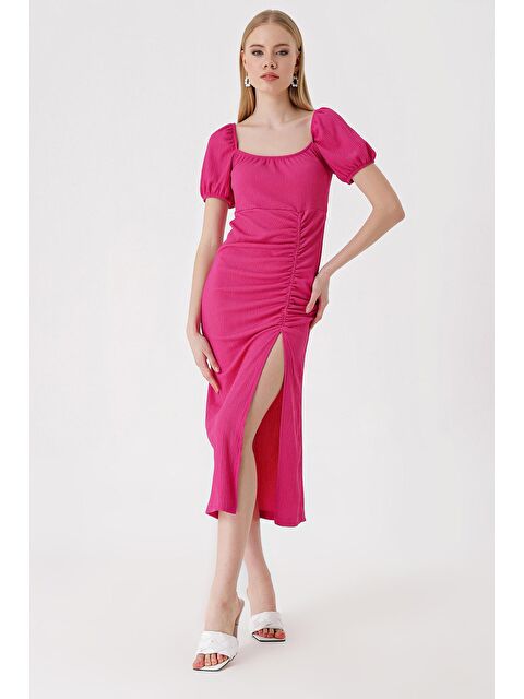Bigdart 2396 Yırtmaçlı Yazlık Örme Elbise - Fuşya - S000089475-18686