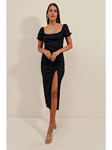 Bigdart 2396 Yırtmaçlı Yazlık Örme Elbise - Siyah - S000089475-19351