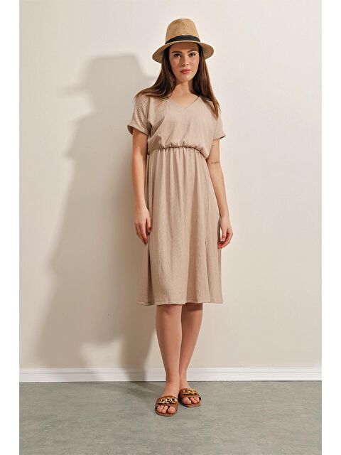 Bigdart 2378 V Yaka Yırtmaçlı Örme Elbise - Bisküvi - S000089495-19928