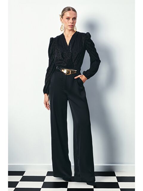 SATEEN Kruvaze Desenli Bodysuit Bluz - Siyah - S000323382-19351