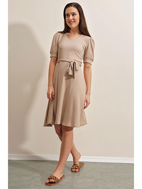 Bigdart 2370 Kuşaklı Örme Elbise - Bej - S000089496-19928