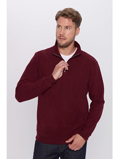 TUDORS Unisex Relax Fit Rahat Kesim Pamuklu Yarım Fermuarlı Bordo Dik Yaka Sweatshirt
