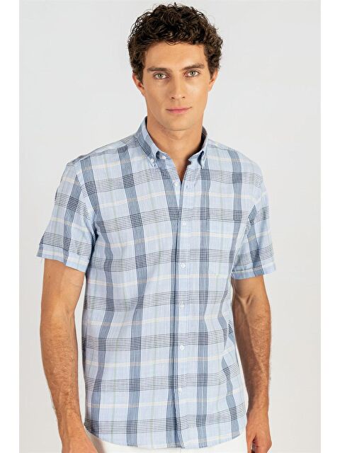 TUDORS Klasik Kısa Kol Ekoseli Keten Pamuk Cepli Erkek Gömlek