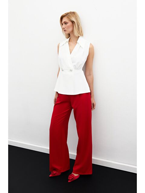 SATEEN Taş Aksesuarlı Kolsuz Bluz - Ekru - S000323433-19965