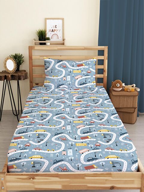 Evmila Yol Desen Baskılı Tek Kişilik Lastikli Çarşaf Seti Mavi - S000067178-23173