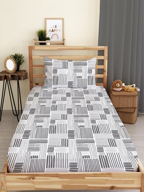 Evmila Modern Desen Baskılı Tek Kişilik Lastikli Çarşaf Seti Beyaz - S000067179-23173