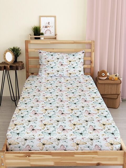Evmila Kelebek Desen Baskılı Tek Kişilik Lastikli Çarşaf Seti Renkli - S000067165-23173