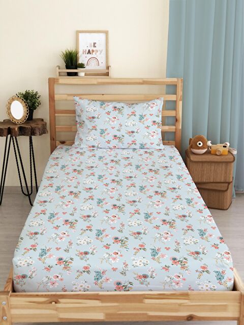 Evmila Çiçek Desen Baskılı Tek Kişilik Lastikli Çarşaf Seti Mavi - S000067166-23173
