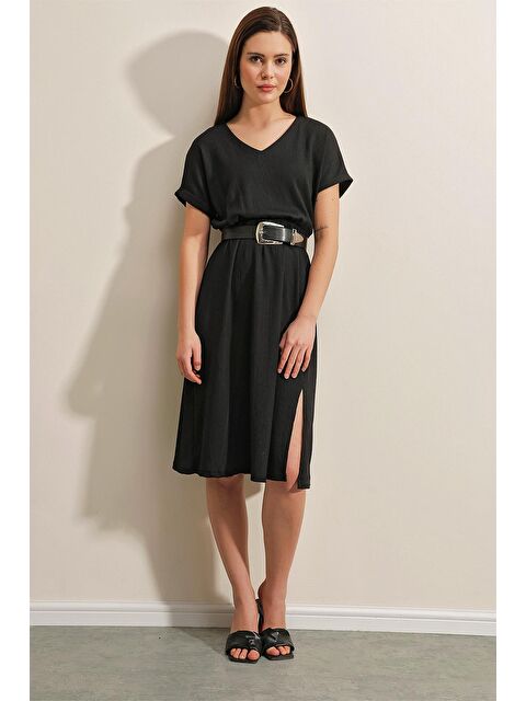 Bigdart 2378 V Yaka Yırtmaçlı Örme Elbise - Siyah - S000089495-19351