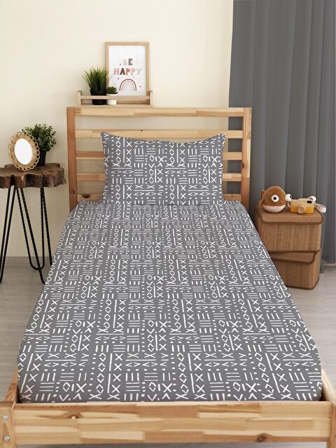 Evmila Etnik Desen Baskılı Tek Kişilik Lastikli Çarşaf Seti Gri - S000067170-23173