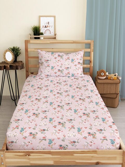 Evmila Çiçek Desen Baskılı Tek Kişilik Lastikli Çarşaf Seti Pembe - S000067174-23173