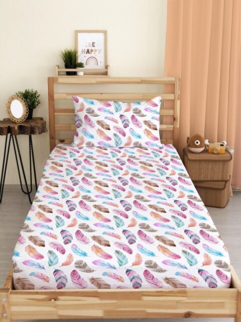 Evmila Renkli Tüy Desen Baskılı Tek Kişilik Lastikli Çarşaf Seti Beyaz - S000067181-23173