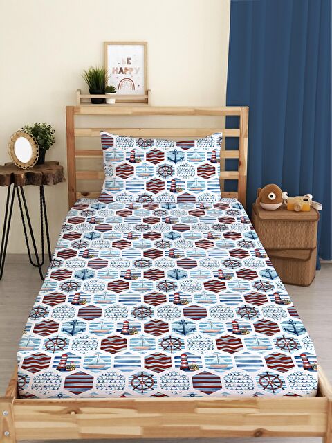 Evmila Deniz Tema Baskılı Tek Kişilik Lastikli Çarşaf Seti Beyaz - S000067175-23173