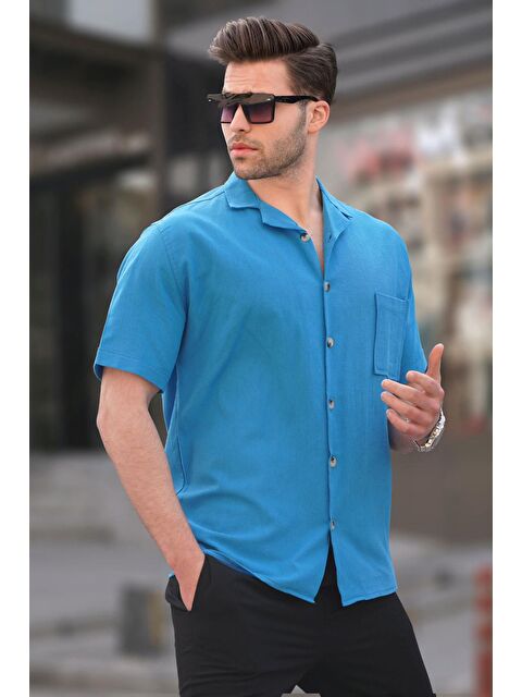 Madmext Mavi Basic Kısa Kollu Erkek %100 Pamuk Gömlek 5598 - S000016141-17234