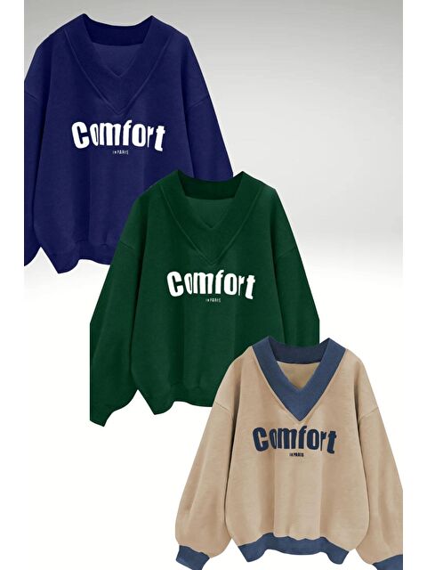 Trendseninle Kadın 3 Iplik Lacivert Yeşil Vizon 3'lü Comfort In Paris Baskılı V Yaka Oversize Sweatshirt - S000322192-23173