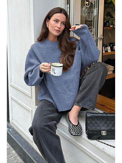 Madmext İndigo Bisiklet Yaka Oversize Triko Kazak Mg1972 - S000127733-23093