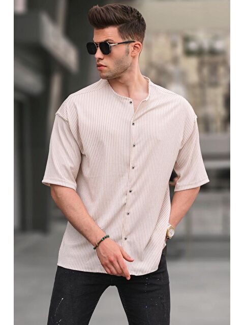 Madmext Bej Hakim Yaka Çizgili Kısa Kollu Gömlek 5863 - S000039747-19928