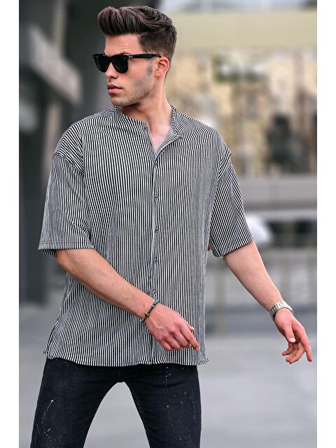 Madmext Siyah Hakim Yaka Çizgili Kısa Kollu Gömlek 5863 - S000039747-19351