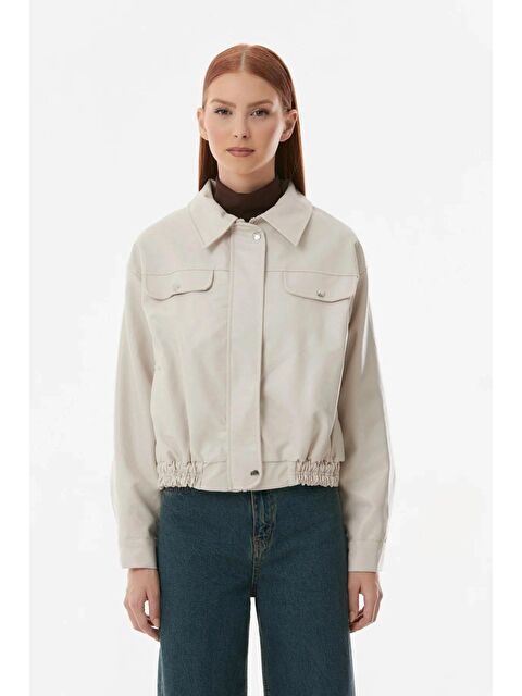 Hazelin Kadın Ekru Kısa Suni Deri Cep Detaylı Astarlı Tarz Ceket HZL23W-BD110331 - S000049748-19965