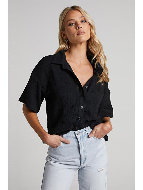 Madmext Siyah Muslin Kumaş Basic Kadın Gömlek Mg1784