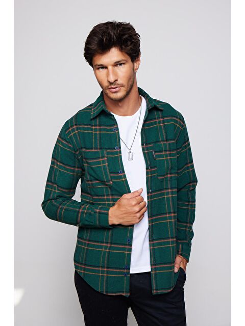 TUDORS Slim Fit Dar Kesim Çift Cep Kareli Oduncu Erkek Gömlek