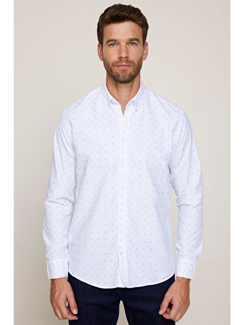 TUDORS Erkek Regular Fit Klasik Kesim Düğmeli Yaka Baskılı Biyeli Gömlek