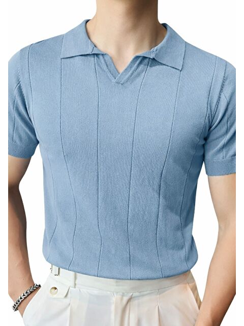 Tarz Cool Erkek Mavi Çizgili Kısa Kollu Triko Tişört - S000194777-17234