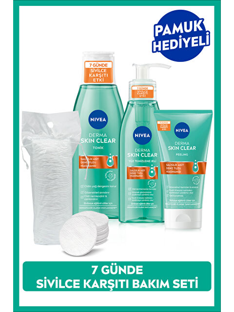 NIVEA Derma Skin Clear Sivilce Karşıtı Yüz Temizleme Jeli 150ml, Tonik 200ml, Peeling 150ml, Pamuk Hediye - S000189341-26865