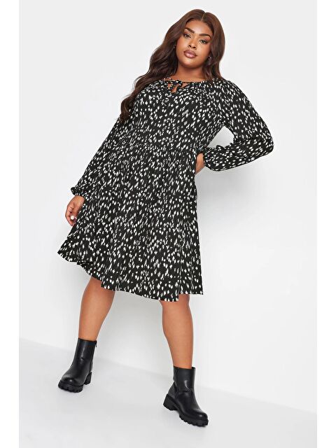 Stil Diva Büyük Beden Önü Bağlama Detaylı Desenli Uzun Kollu Kısa Elbise 137627 - S000087184-19351