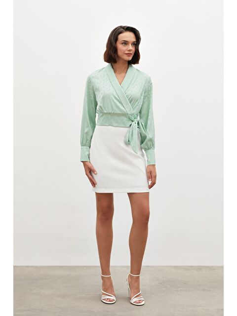 SATEEN Yan Kuşaklı Saten Bluz - Mint - S000323381-1180