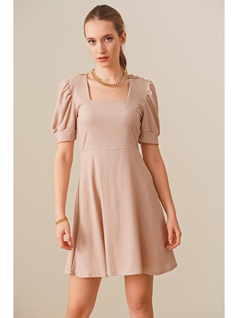 Bigdart 2339 Kare Yaka Örme Elbise - Bisküvi - S000089510-19928