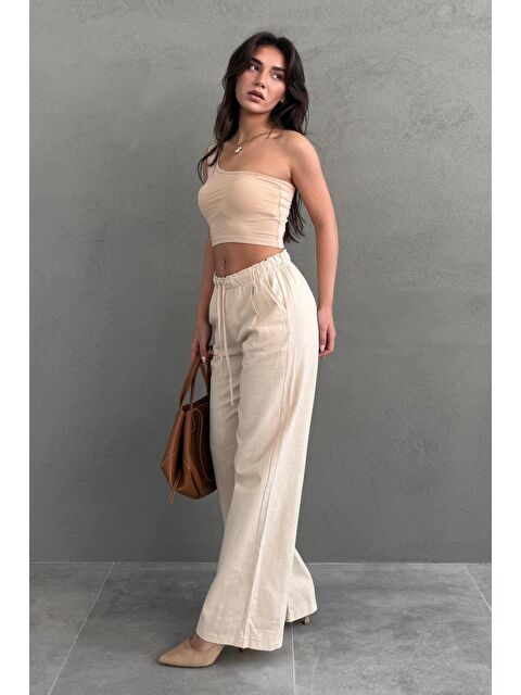 Madmext Bej Beli Büzgülü Wide Leg Kumaş Pantolon Mg1950