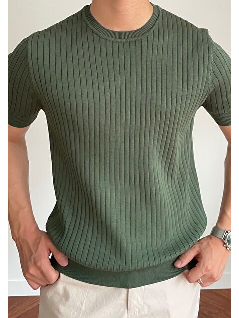 Tarz Cool Erkek Fitilli Slim Fit Bisiklet Yaka Triko Tişört - S000342189-18547