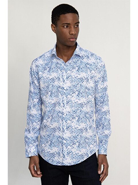 TUDORS Slim Fit Dar Kesim Uzun Kollu Elastanlı Baskılı Yüksek Yaka Erkek Renkli Gömlek