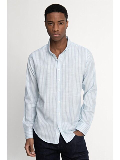 TUDORS Slim Fit Uzun Kol Çizgili Keten Düğmeli Yaka Spor Erkek Gömlek